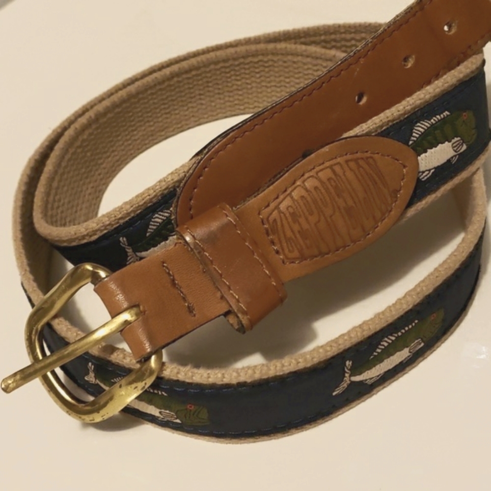 ZEPPELIN Mens Fish Embroidered Canvas Layered & Leather Belt, Size 42